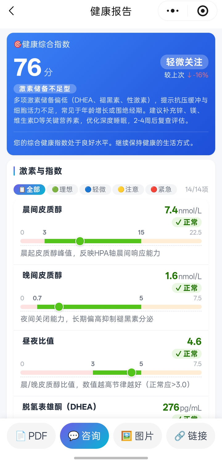 HormLab 小程序健康报告:健康综合指数 76 分与激素指数明细