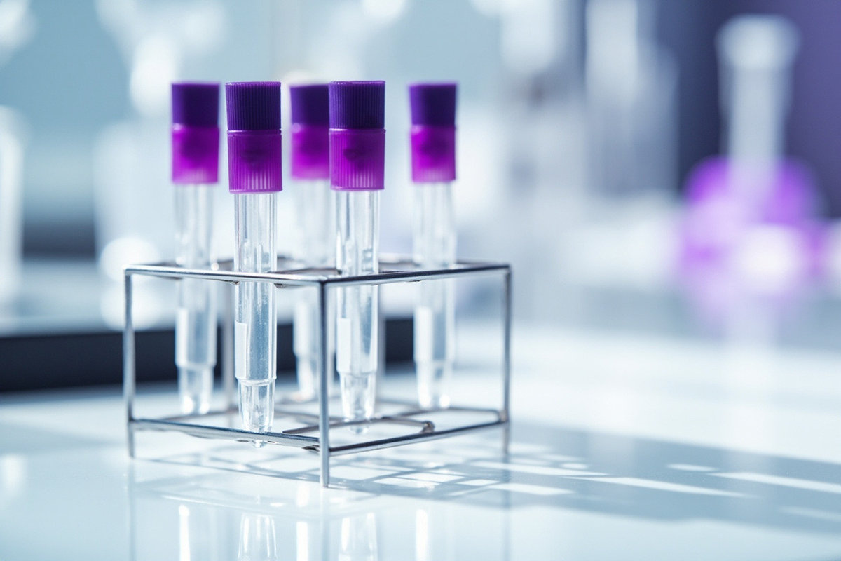 HormLab 实验室唾液采样管,紫色管盖整齐置于试管架